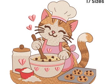 Cat Baking Cookies Machine Embroidery Design, Cat Embroidery, Pet Embroidery Pattern, Machine Embroidery Design, 17 Sizes, Instant Download