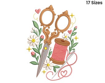Diseño de bordado de tijeras vintage, archivo de bordado a máquina floral con hilo de coser, patrón de costurera estilo cottagecore, 17 tamaños, descarga instantánea.
