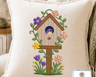 Diseño de bordado de casita para pájaros, archivo de bordado a máquina de jardín floral primaveral, patrón de pájaros estilo cottagecore, PES DST, 17 tamaños, descarga instantánea.