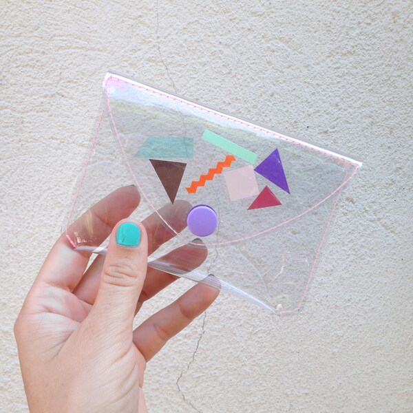 Transparent wallet - clear coin purse - clear card holder - 80's geometric pouch - colorful wallet - 90's fashion - womans wallet