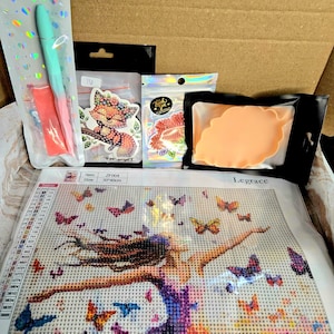 May include: An open cardboard box containing a diamond painting kit with a woman and butterflies design, along with a pen, stickers, and a resin mold. The painting is 30 x 40cm. The kit includes various accessories for crafting.