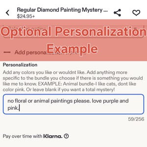 May include: Screenshot of an Etsy listing for a diamond painting mystery bundle. The image highlights the "Optional Personalization" section, with a text box example: "no floral or animal paintings please. love purple and pink."