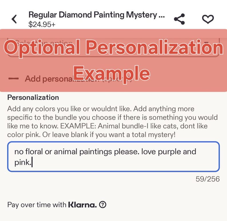 May include: Screenshot of an Etsy listing for a diamond painting mystery bundle. The image highlights the "Optional Personalization" section, with a text box example: "no floral or animal paintings please. love purple and pink."
