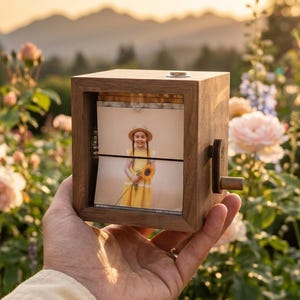 Può includere: Un cubo fotografico in legno con una manovella, che mostra una fotografia di una ragazza con un vestito giallo che tiene un girasole. Il cubo è tenuto in mano, con uno sfondo di giardino e una luce solare soffusa.