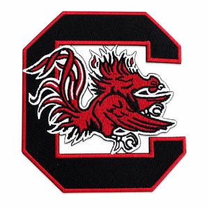Gamecock Patch Iron On, Embroidered Rooster Patch, Red Black Letter C Patch, College Style Jacket Hat Backpack Patch Size 5" x 4.5"