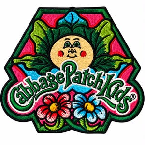 May include: A Cabbage Patch Kids embroidered patch featuring a central character face surrounded by green leaves, vibrant pink background accents, and two flowers at the bottom, one red and one blue, with the brand name text in green.