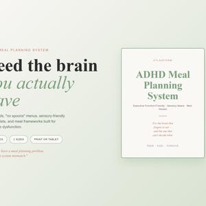 Może przedstawiać: Reklama systemu planowania posiłków dla osób z ADHD. Tekst brzmi: „Nakarm mózg, który naprawdę masz”. Wyświetlana jest okładka książki z tytułem „ADHD Meal Planning System”. Reklama zawiera informacje o bezpiecznych produktach spożywczych, menu i listach zakupów.