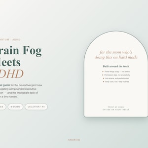 May include: A digital print titled "Brain Fog Meets ADHD" with text in dark green and coral. The guide is for new mums navigating executive dysfunction. The print includes a list of tips and is available in US Letter and A4 sizes.