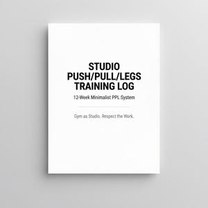 Puede incluir: Un papel blanco con texto negro que dice "STUDIO PUSH/PULL/LEGS TRAINING LOG" y "12-Week Minimalist PPL System". Debajo, dice "Gym as Studio. Respect the Work." En la esquina inferior derecha dice "Printable PDF • US Letter."