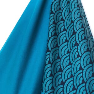 Op de afbeelding: Close-up van een teal stof met een geometrisch patroon. De stof is effen teal van kleur met een donkerder teal patroon op de mouw. Het patroon is een reeks overlappende gebogen vormen.
