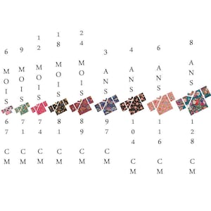 May include: A chart with numbers and letters, and a row of nine colorful fabric squares with different patterns. The squares are arranged in a diagonal line from the top left to the bottom right.