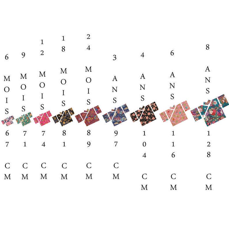 May include: A chart with numbers and letters, and a row of nine colorful fabric squares with different patterns. The squares are arranged in a diagonal line from the top left to the bottom right.