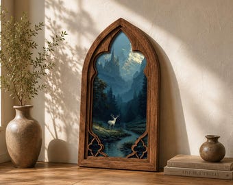 Enchanted Forest Gothic Arch Wall Art, Fantasy Castle Window Decor, Dark Academia Woodland Deer Painting