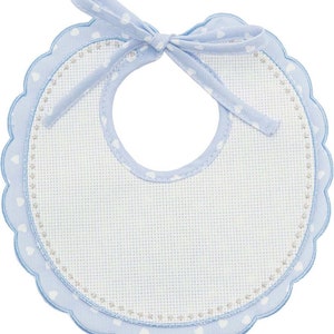 Stitchable Bib Newborn Cotton Aida Blue Rouche Pois Ribbon