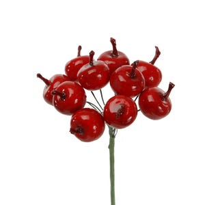 May include: A decorative floral pick featuring a cluster of ten glossy, bright red artificial apples. Each small, round fruit has a dark brown stem and is attached to a thin, green wire branch that converges into a single green stem.