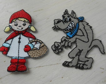 Little Red Riding Hood and the Wolf Iron on Embroidered Patches Set of 2 Appliques