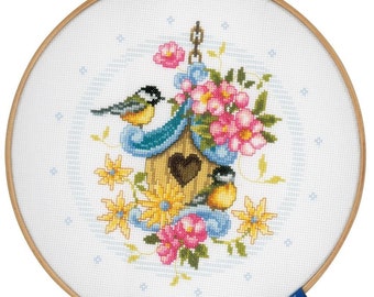 Kit Counted Cross Stitch Bird House with Wooden Ring