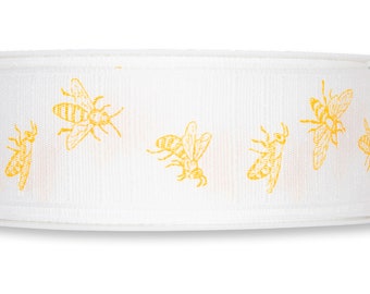 May include: White ribbon with a repeating pattern of yellow bees.