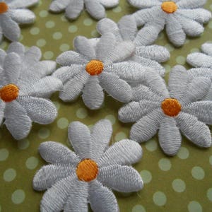 May include: White felt daisy flower appliques with yellow centres. The daisies are arranged on a green polka dot background.