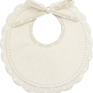 Stitchable Bib Newborn Cotton Aida Rouche Pois Ribbon Beige