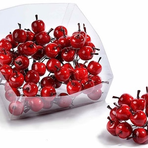 May include: A clear plastic container filled with red artificial apples. The apples are on wire stems and are arranged in a cluster. There is a smaller cluster of red apples on a white surface.