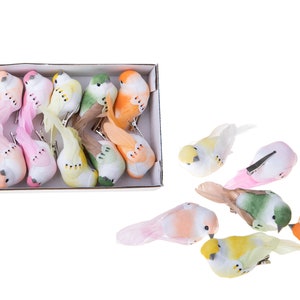 Artificial Mini Birds on Clip with Real Feather Set of 12