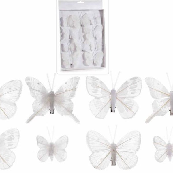 Papillons artificiels sur clip, blanc, lot de 10 plumes véritables, tailles assorties