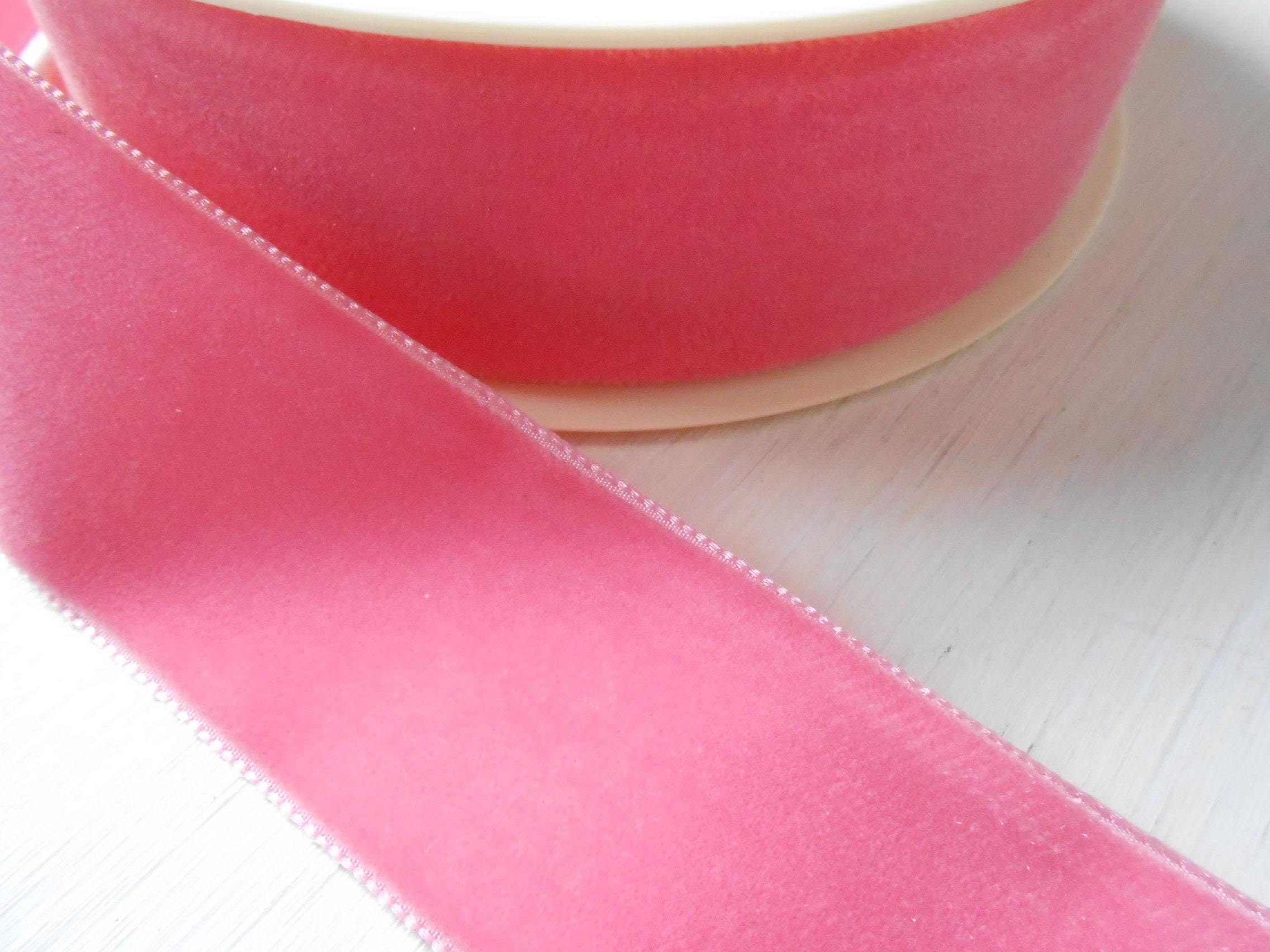 Velvet Ribbon - 1/2-inch Vintage Hand-Embroidered Pink