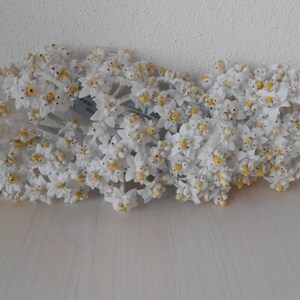 May include: A bunch of white artificial flowers with yellow centres. The flowers are arranged in a cluster and have a delicate, realistic appearance.