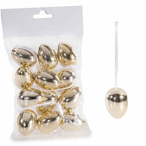 Könnte beinhalten: Eine Packung mit 12 goldenen Plastik-Ostereiern. Die Eier befinden sich in einem durchsichtigen Plastikbeutel mit einem weißen Band. Die Eier sind alle gleich groß und gleich geformt.