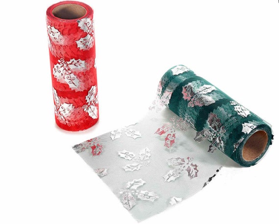 Christmas Tulle Ribbon Holly Printed 9 Metres Bulky Roll 15 Cm