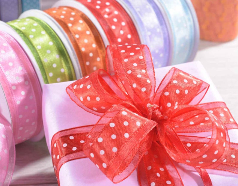 Ribbon White Polka Dots Satin 1 width 25 mt Bulky Roll