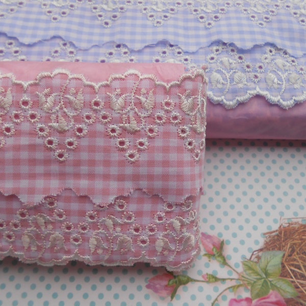 Lace Eyelet Blue Pink Gingham Cotton 2" width 1 Yard Anglaise Broderie