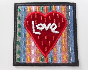 Patch Iron-on Heart Applique Perles Broderie Amour