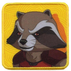 May include: A brown and gray raccoon with a red and black shirt, on a yellow background with a swirl pattern.