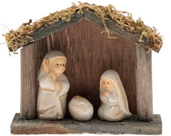 Nativity Set 4 pcs Religious Figures Wooden Hut Christmas Ornament