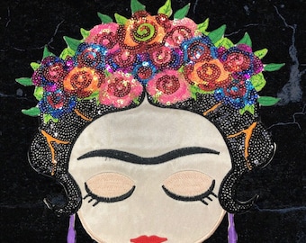 Parche Frida grande para planchar con lentejuelas bordadas, aplique Frida Khalo
