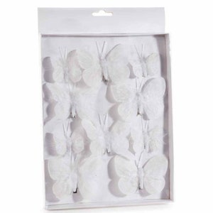 Farfalle Decorative con Clip Vere Piume 10 pz Misure Assortite Bianche
