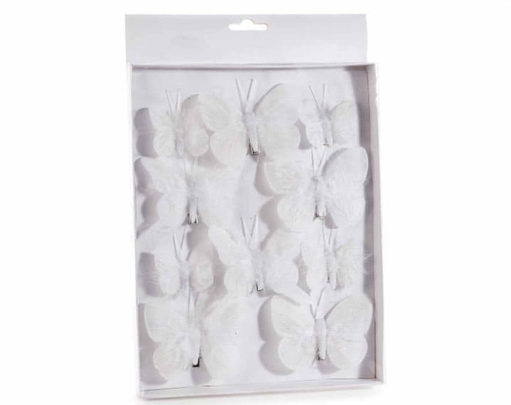 Artificial Butterflies on Clip White Set of 10 Assorted Sizes Real Feathers