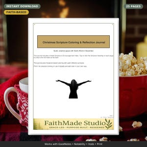 Op de afbeelding: Een digitale download van een Christmas Scripture Coloring & Reflection Journal. Het tijdschrift bevat een gekoppelde Scripture & Encouragement Index. De omslag toont een silhouet van een persoon met uitgestrekte armen. Het tijdschrift is op geloof gebaseerd.