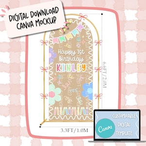 Puede incluir: Maqueta digital de Canva para una pancarta de cumpleaños. La pancarta es de color beige con decoraciones pastel, el texto "Happy 1st Birthday KINLEY" y mide 1,0 metro de ancho y 2,0 metros de alto. La imagen incluye un portátil con el texto "CUSTOMIZABLE DIGITAL TEMPLATE".