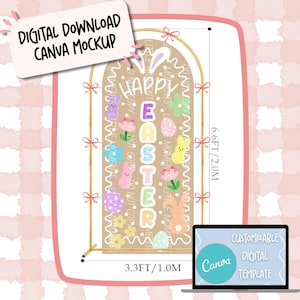 Happy Easter Arch Vertical Banner Template | Editable Canva Mockup | 29x68 | DIY Painted Sign | Bunny Peep Flower Theme | Digital Download