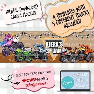 May include: Digital Canva mockup with a monster truck theme. The design includes five different monster trucks, a banner that says "Kiera's 3rd Jam", and text that says "4 templates with 5 different trucks included". The design is sized for easy printing at CVS Health and Walgreens.