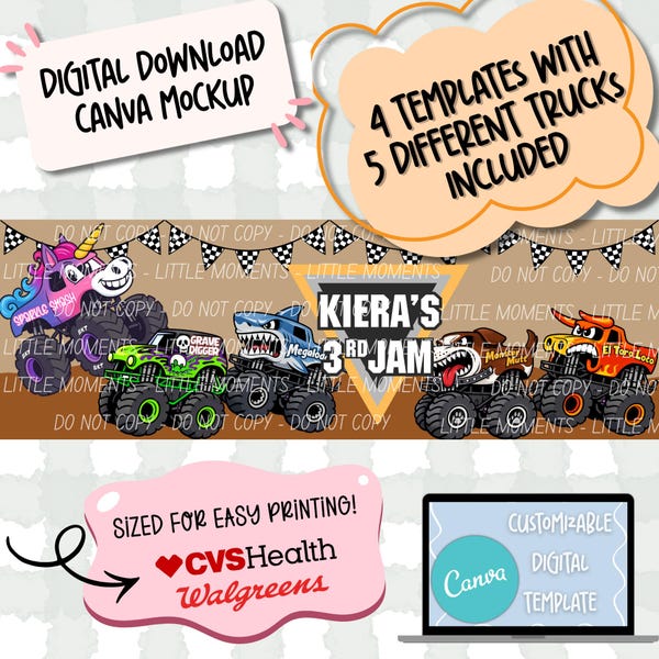 Pode incluir: Maquete digital Canva com tema de monster truck. O design inclui cinco monster trucks diferentes, uma faixa que diz "Kiera's 3rd Jam" e o texto que diz "4 modelos com 5 caminhões diferentes incluídos". O design é dimensionado para fácil impressão na CVS Health e Walgreens.