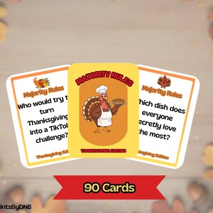 Puede incluir: Juego de cartas con temática de Acción de Gracias con tres cartas que muestran preguntas y una carta central con un chef de pavo de dibujos animados. El juego se titula "Majority Rules" e incluye el texto "Thanksgiving Edition". Una pancarta roja dice "90 Cartas".