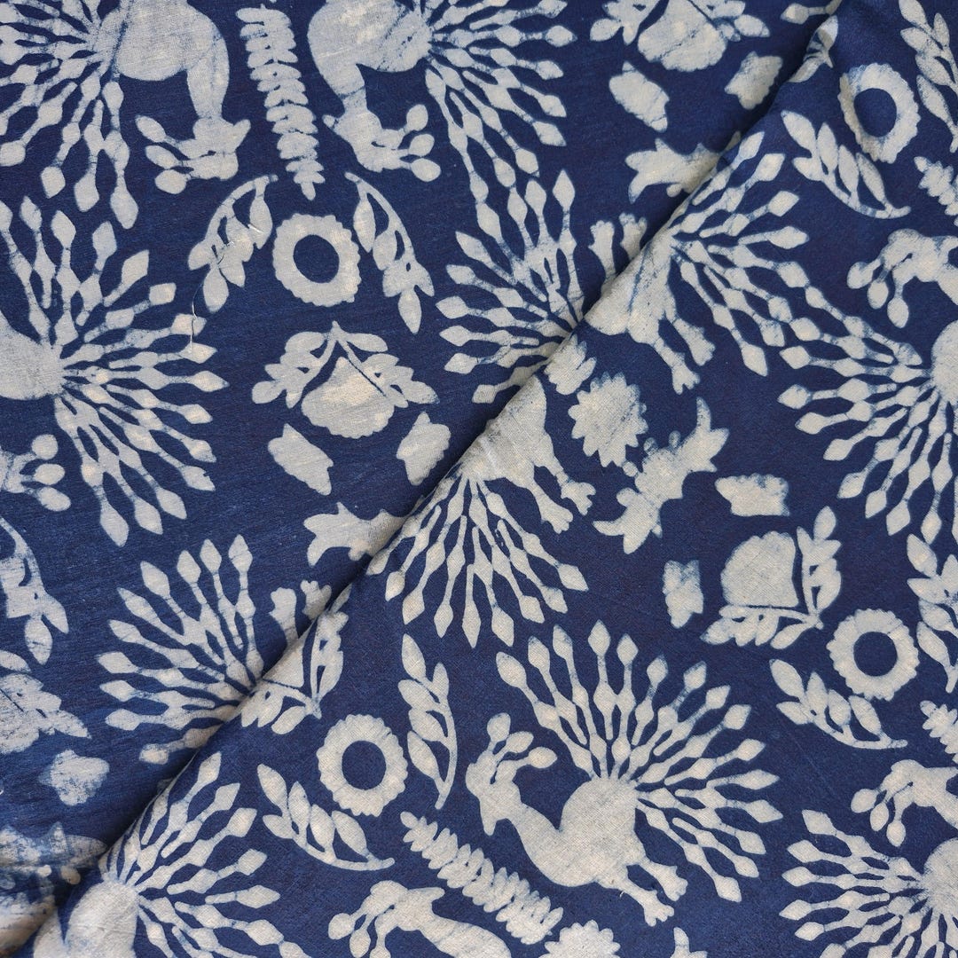 Indigo Hand Block Print Cotton Fabric, Floral Sewing Material by the ...