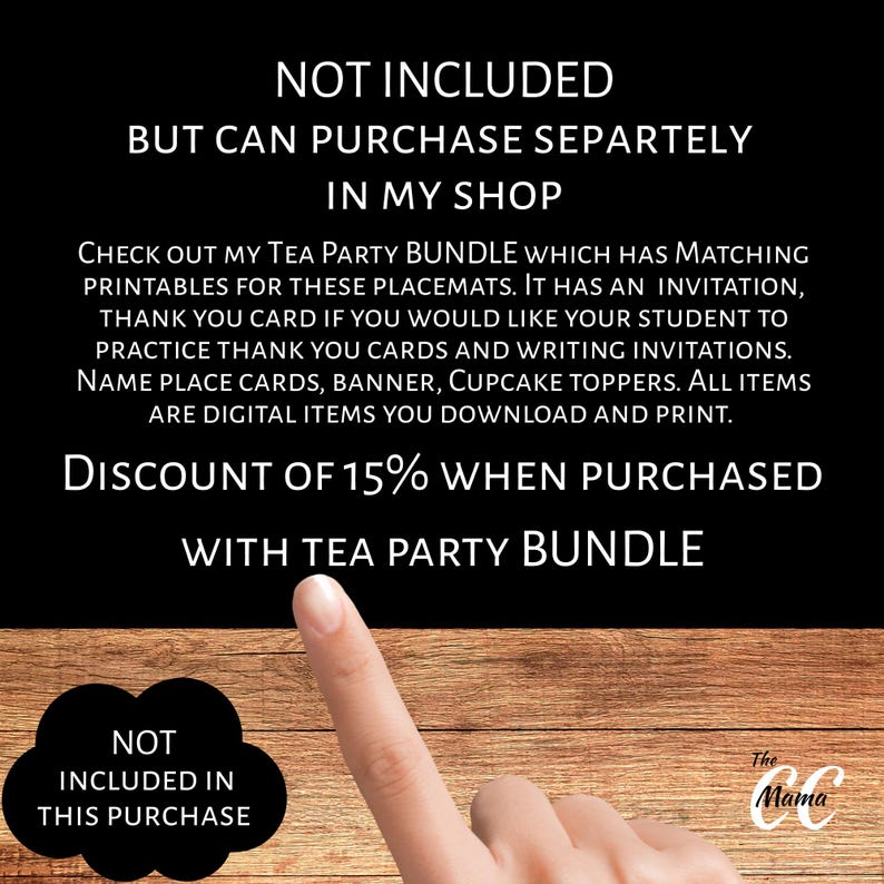 Puede incluir: Imagen con texto: "NO INCLUIDO PERO SE PUEDE COMPRAR POR SEPARADO EN MI TIENDA." El texto describe un paquete de fiesta de t&eacute; con imprimibles a juego, invitaciones y m&aacute;s. Un dedo apunta al texto.