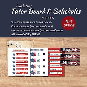 Peut inclure: Un ensemble de supports pédagogiques intitulé Foundations Tutor Board & Schedules, comprenant des en-têtes de sujets, des emplois du temps et des plannings de présentation sur le thème Cycle 3. Inclut des motifs de drapeau américain et des étiquettes English, Math, History.