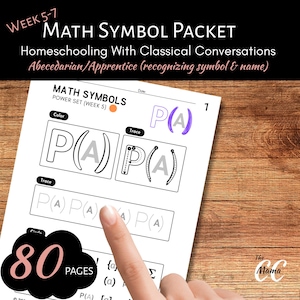 Puede incluir: Una hoja de trabajo blanca con símbolos matemáticos, incluyendo "P(A)". El texto "MATH SYMBOL PACKET" y "80 PAGES" son visibles. La hoja está diseñada para la educación en casa y el reconocimiento de símbolos.