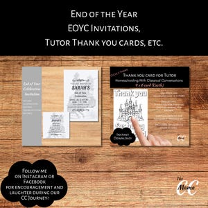 Puede incluir: Fondo de madera con invitaciones y tarjetas de agradecimiento impresas. El texto dice "Fin de a&ntilde;o EOYC Invitaciones, Tarjetas de agradecimiento para tutores, etc." Una tarjeta dice "Gracias" con un gr&aacute;fico de castillo.